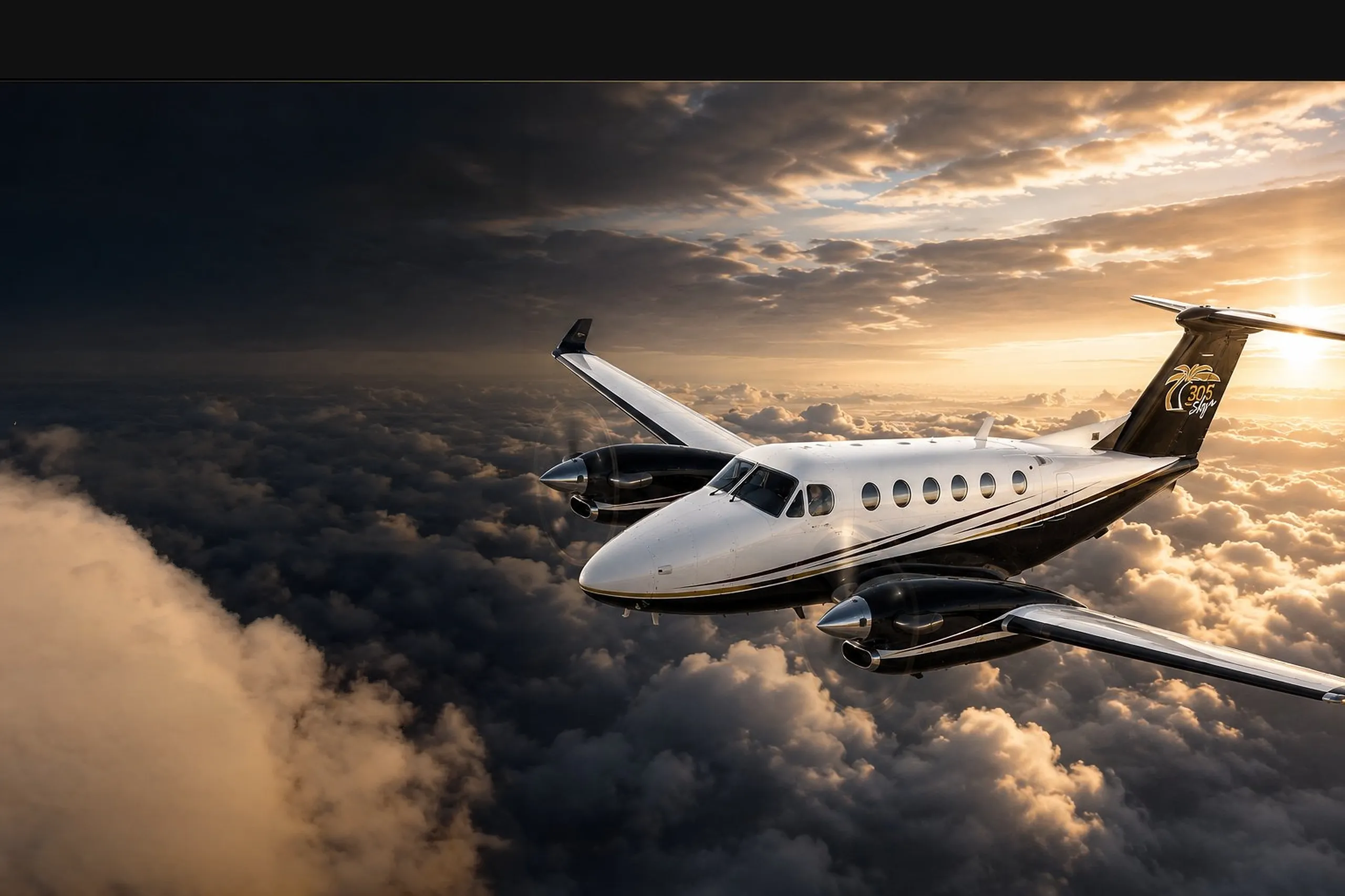 Private jet flying above the clouds