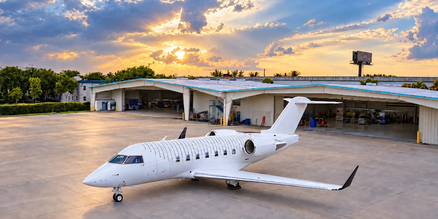 Bombardier Challenger business jet on the ramp in front of the 305 SKY maintenance hangar in Fort Lauderdale at sunset