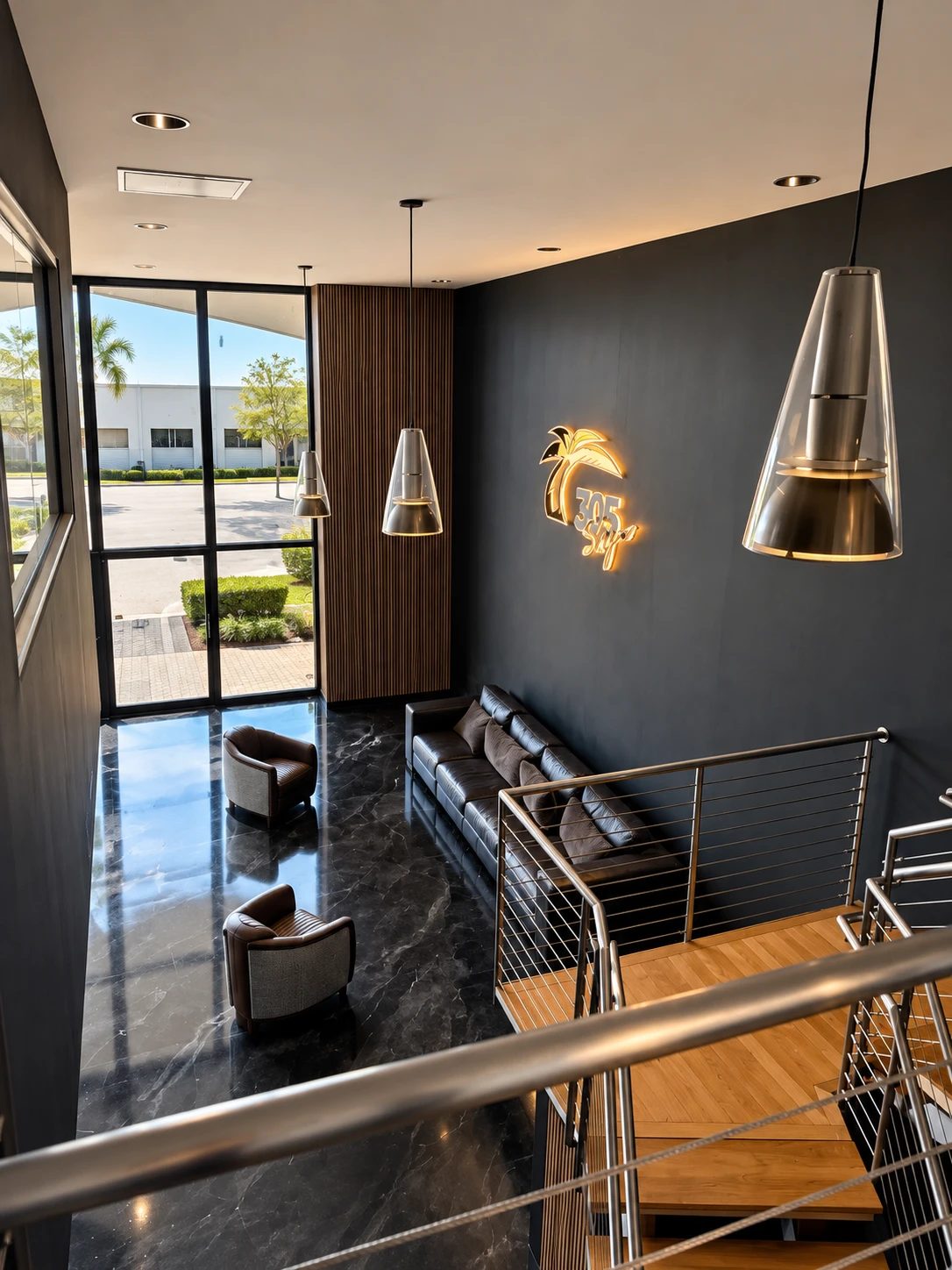305 SKY lobby in Fort Lauderdale with marble floors, leather seating and the illuminated 305 SKY sign